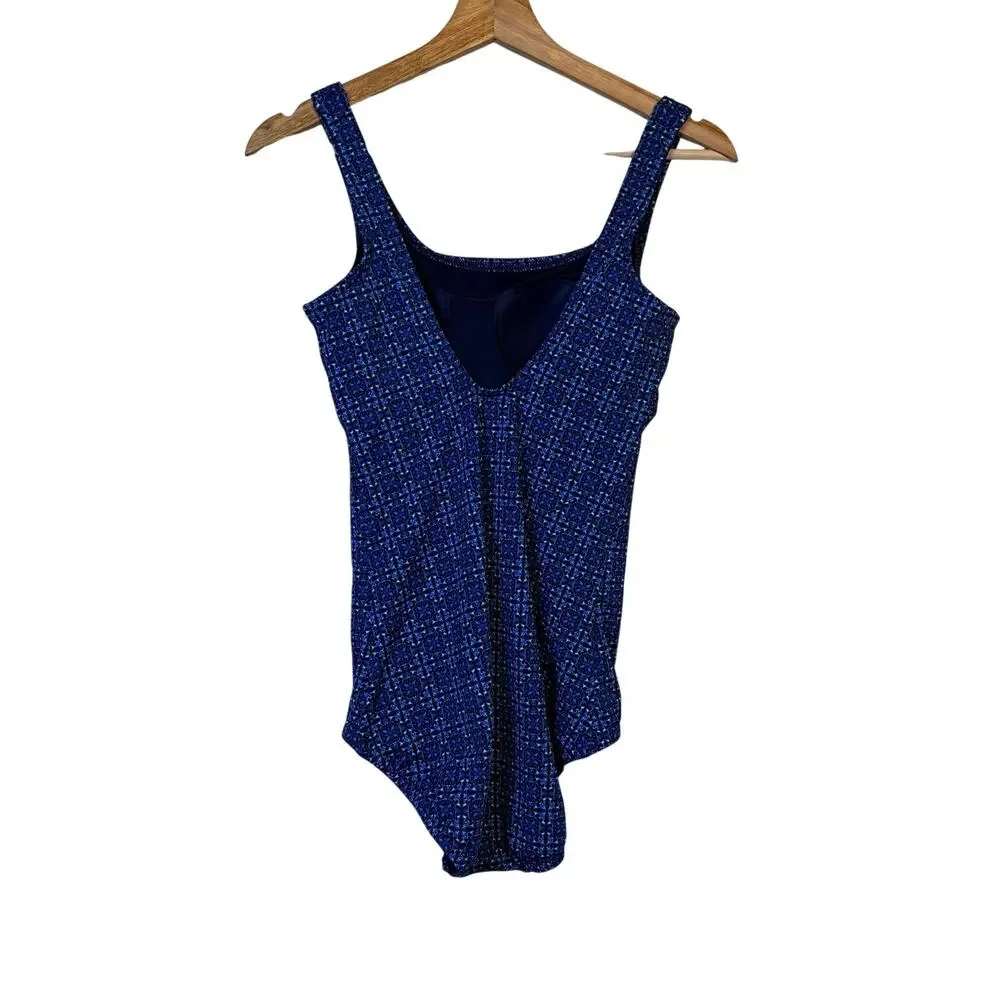 Lands End Tugless Low Leg One Piece Swimsuit 8L Navy Mosaic Mini Tile UPF50  NWT - Picture 7 of 13